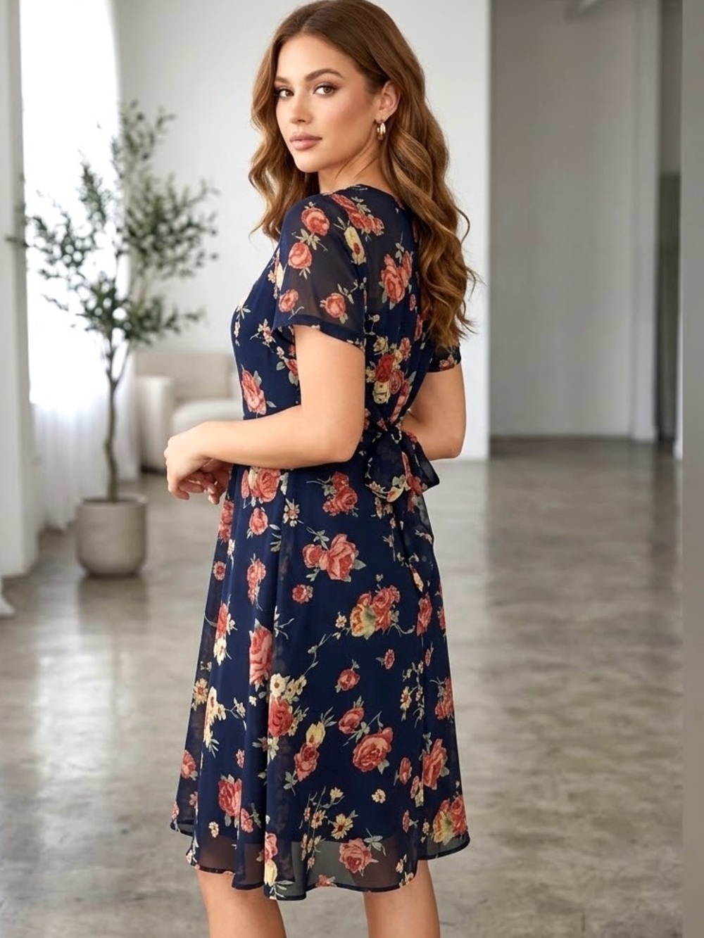 Navy Blue & Red Pink Floral Chiffon Dress with Slip